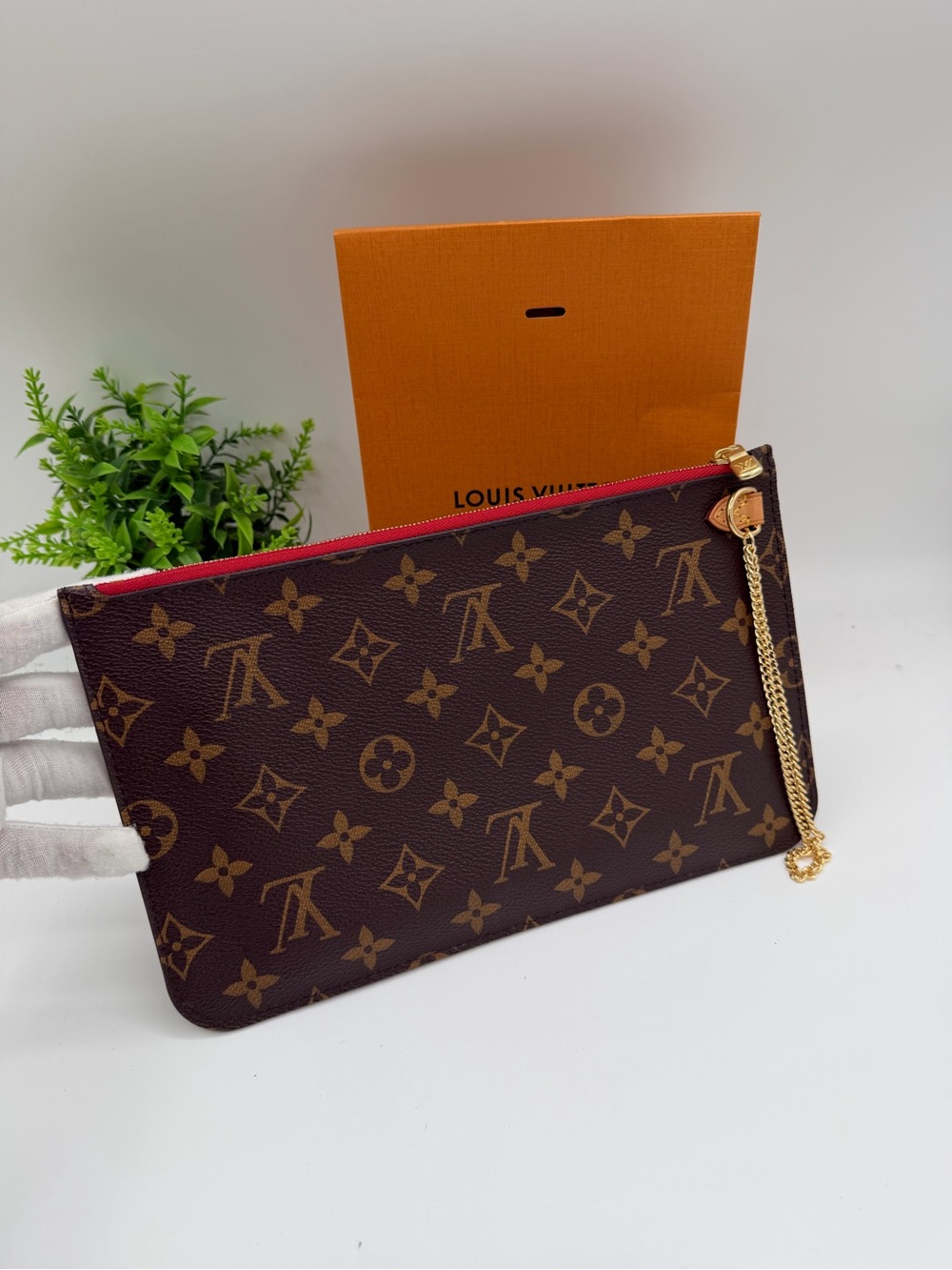 Louis Vuitton Monogram Wristlet Pouch in Brown and Red Lining🔥